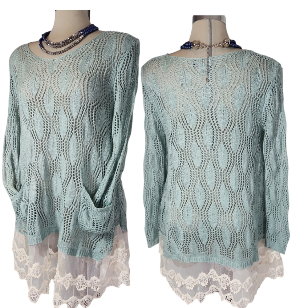 RYU Designer Over size Clear  Green & White Lace Trimmed Sweter  Size S/M